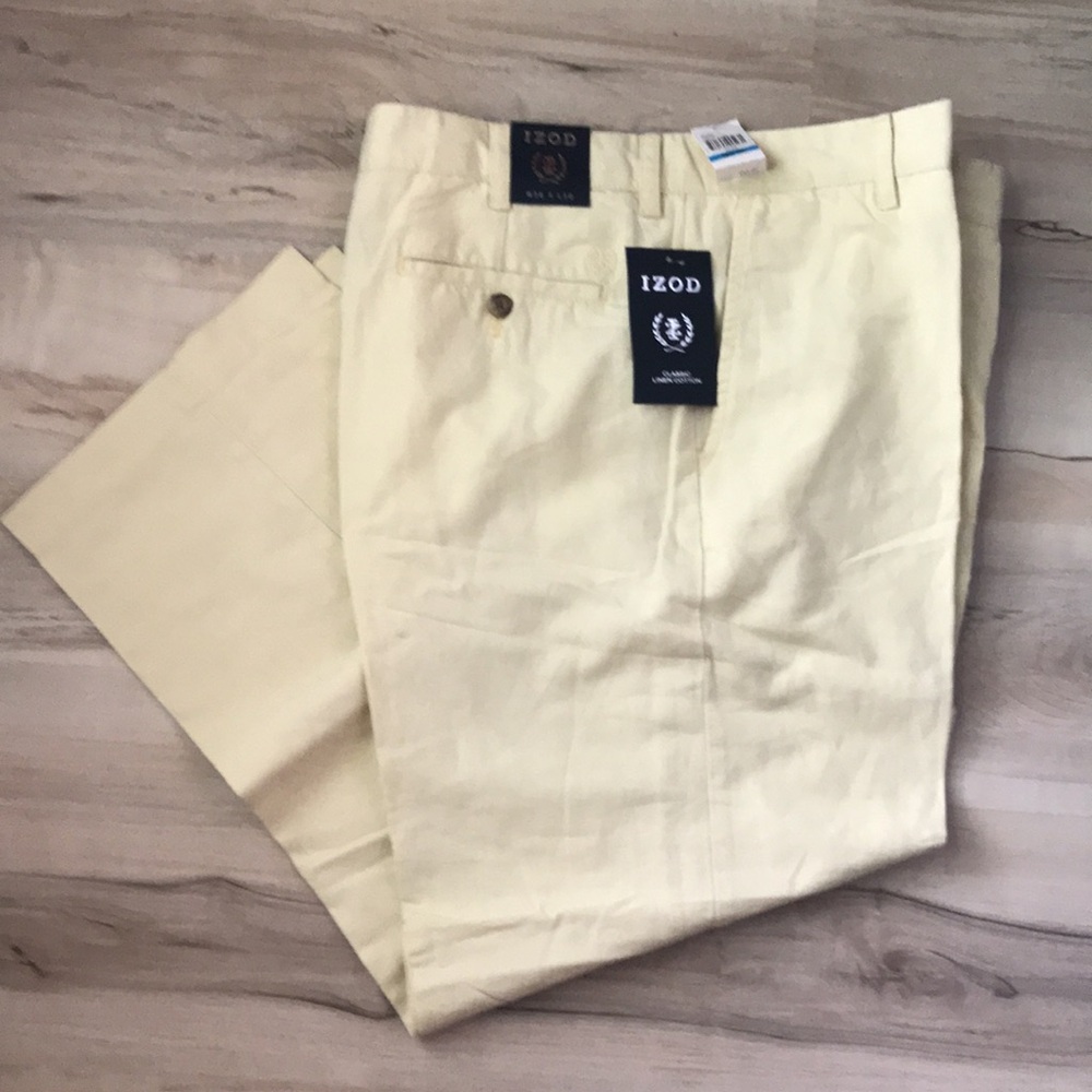 Men IZOD Classic Linen Cotton pants. Sz 36x30 -NWT. Light Yellow/ khaki